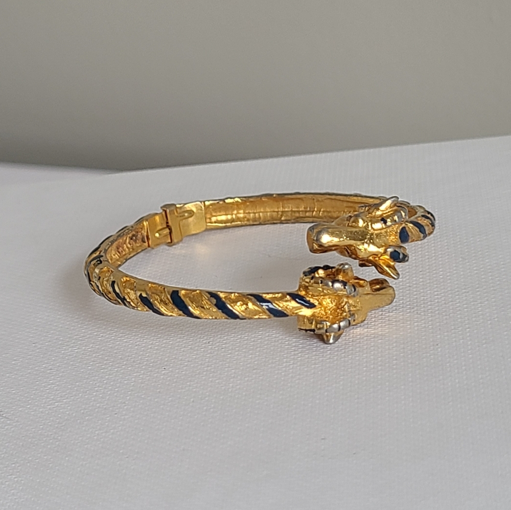 Vintage Pauline Rader Ram's Head Aries Luxury Gold Blue Twisted Bangle Bracelet